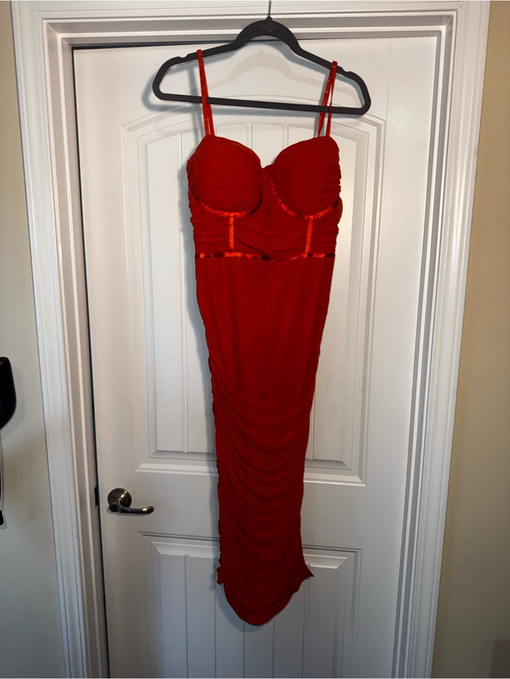 Red Ruched Bodycon Midi Dress - Elegant Evening Dress